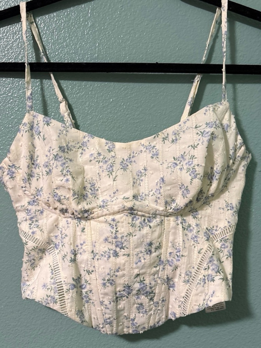 Floral Lace-Trim Cropped Corset Top in Cream and Light Blue